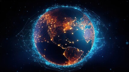 Digital data network conveying global abstract illustration of a scientific technology data network surrounding planet earth conveying connectivity
