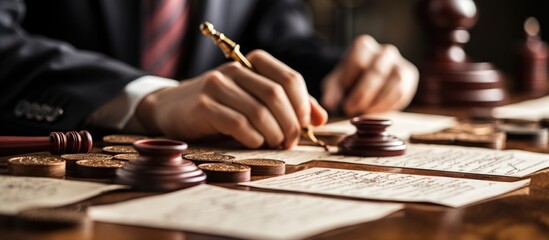 Businessman hand using wooden stamp to document document