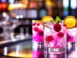 © Leo_Arts - colorful gin tonic cocktails in wine glasses on bar counter in pup or restaurant, various fruit cocktails in hotel