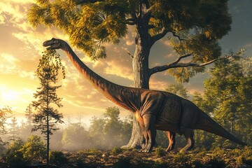 Canvas Print - Brachiosaurus Dinosaur Eat Leaves Tree