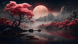 © Anna Iluschenko - Romantic night scene - beautiful red cherry blossoms - sakura flowers near the river, in the night sky with full moon looking from behind the rocks, fantasy style artwork with vintage color tone.