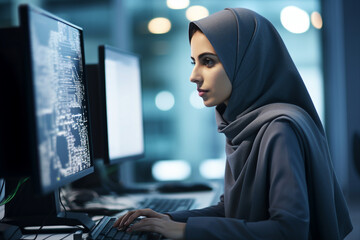 Generative AI technology conceptual picture Young confident arabian asian muslim woman in abaya hijab