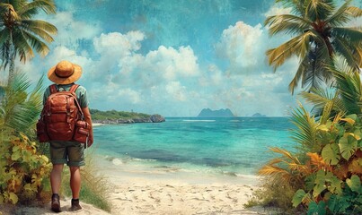 Wall Mural - Girl traveler with a backpack on a tropical beach.