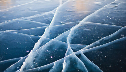 Wall Mural - transparent blue ice on a frozen lake with intricate cracks, creating an abstract and visually stunning background