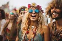 Funny Happy Hippie Best Friends On Festival Concert Retro Party Event Nature Generative AI