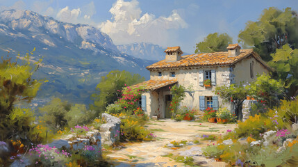 Wall Mural - A classic painting depicting a traditional stone house in southern France, adorned with colorful flowers and set against the majestic backdrop of the French Alps.