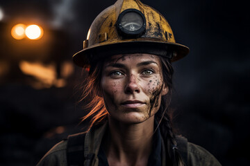 Wall Mural - Generative AI portrait of girl miner at the mine in a helmet on dark background