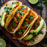Fototapeta Tęcza - Spicy jack fruit tacos with avocado, cilantro, and lime, offer a burst of flavors and textures. 