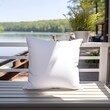 © Mockup Lab - Blank 14x14 white decorative accent throw pillow sitting on bench in front entry way by a lake house, lake house aesthetic, lifestyle mockup