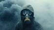 © Ellionn - Man wear gas mask. Dangerous toxic radiation. Air pollution concept. Apocalypse world. Person in protective respirator. Nuclear war. Radioactive smog. Nature chemical contamination. Stalker survivor.