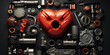 Red heart with metal car parts on black background. Car parts.