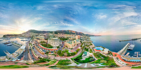 Canvas Print - Montecarlo. Aerial view of Monaco skyline at sunset. Panoramic 360 degrees spherical