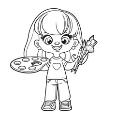 Poster - Cute cartoon girl holding the palette with paints and brushes in hands outlined for coloring page