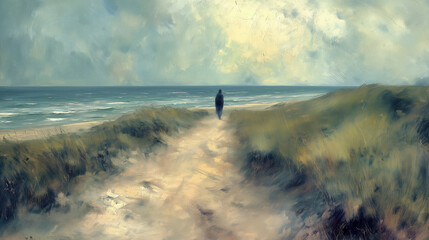 Canvas Print - Atmospheric vintage painting capturing a lone figure walking towards the sea along a sandy path through windswept dunes under a dynamic sky.