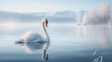 A White Swan On A Frozen Lake In Winter