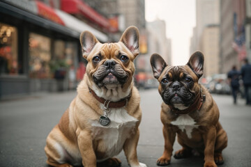 french bulldogs couple puppy sitting in a garden