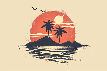 Vintage tropical sunset with palm trees and birds silhouette