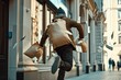 dramatic scene of a person escaping from a bank with money bags
