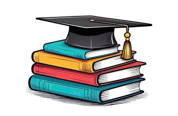 Canvas Print - Graduation front view concept illustration. Black academical hat with tassel on stack of colorful books on white background