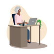 © liana2012 - An elderly business woman works at a laptop. An elderly woman uses a laptop for business, training, education or video call. Vector illustration in flat style.