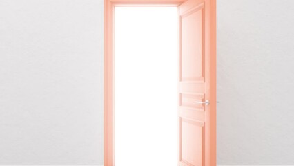 Wall Mural - Orange door in a bright room. The door opens filling with bright light. Door to the universe. Room with white textured floor. Entrance or exit, way out concept. Forward movement. 3D animation, 4K