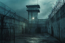 Moody Night Scene Of A Lit Prison Watchtower Surrounded By High Walls And Barbed Wire