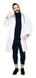 © Krakenimages.com - Doctor with long hair wearing medical coat and stethoscope smiling doing phone gesture with hand and fingers like talking on the telephone. Communicating concepts.