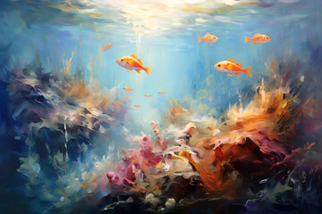 Beautiful underwater landscape. Oil painting in impressionism style.