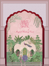 Save The Date Mughal Wedding Invitation Card, Indian-themed Arch With Peacock, Trees, Flowers And Fence Vector Illustration.