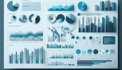 Blue graphs and charts. Business reports on gray background, Ai generated image