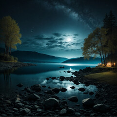 Wall Mural - night view of the lake and mountain