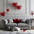 © Daniela - Interior of festive living room with grey sofa and heart-shaped balloons. Valentine's Day celebration.