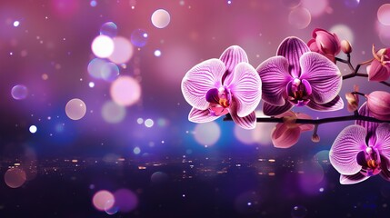 Purple orchid on isolated magical bokeh background with copy space for text placement