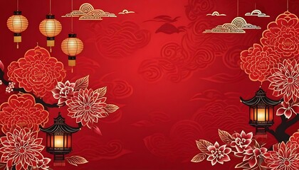 Wall Mural - red chinese pattern background with lanterns and flowers