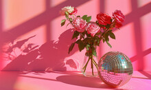 Romantic Composition Of Disco Ball And Vase Of Roses On Bright Pink Background. Disco Party, Retro 70s, 80s Or 90s Fashion. Contemporary Style Festive Backdrop For Card, Banner, Flyer