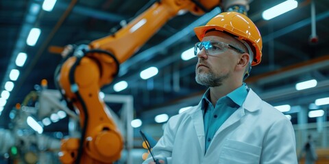 Wall Mural - Mature engineer examining robotic arm in industry