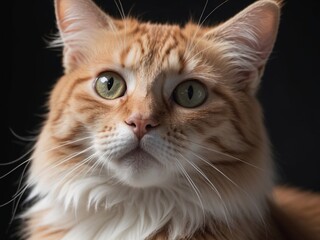 An orange and white cat with yellow eyes is laying on a couch