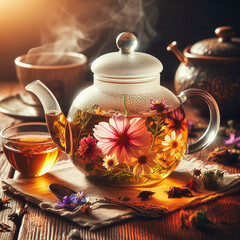 Wall Mural - Herbal tea with flowers in a glass teapot on a wooden table