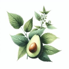 Wall Mural - Vibrant Watercolor Illustrations: Plants, Fruits, Cosmetics, and Ingredients, Featuring Avocado and Nettle, on a White Background