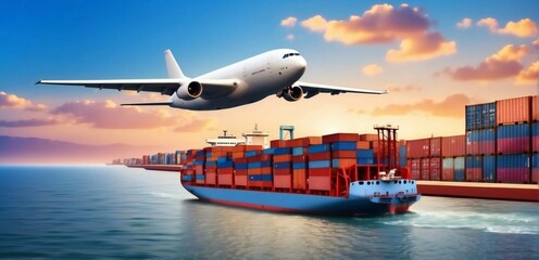 Wall Mural - Global business logistic and transportation import export goods. Container cargo freight ship at international port. Cargo plane flying above truck shipping container. Logistic industry