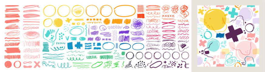 Vector paint brush texture strokes. Ink splash smear background set. Paintbrush color charcoal scribble elements collection. Rough crayon art doodles. Pencil lines. Each element is united and isolated