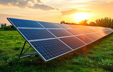 Solar power plant at sunset