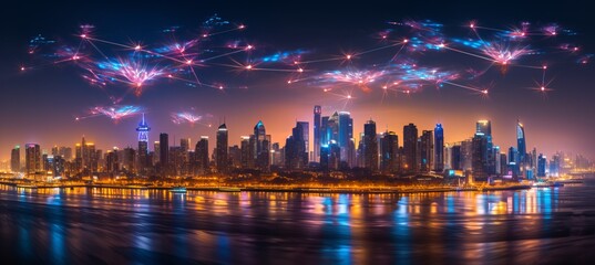 Wall Mural - Futuristic cityscape with neon lights, skyscrapers, and flying drones delivering financial services
