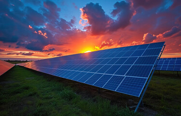 Solar power plant at sunset