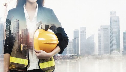 Double exposure image of construction worker holding safety helmet and construction drawing against the background of surreal construction site in the city.ai generated