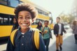 Photorealistic portrait of smiling happy black boy going to school bus, on background blurred yellow school bus and kids, Back To School concept, Background with selective focus