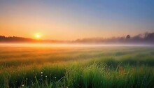 Green Rice Fields Natural Landscapes With Clear Sky. Fog In The Valley. Sunlight Entering The Valley And On The Mountains. Beautiful Summer Morning.ai Generated