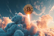 Bitcoin crypto soaring to the moon into cloudy sky