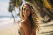 Ultra-realistic photograph captured with a Sony Î±7 III camera, 85mm lens at F 1.2 aperture setting, surfer girl at the beach smiling in to the camera, enjoying the day, 