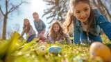 Fototapeta  - A group of friends engaged in a lively Easter egg hunt, searching for hidden treasures